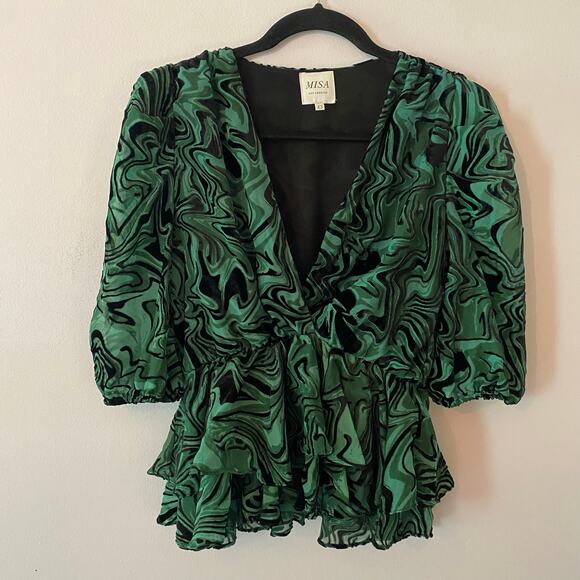 MISA Los Angeles Women's size XS Green Black Velvet V-neck Ruffle Blouse - Picture 1 of 9